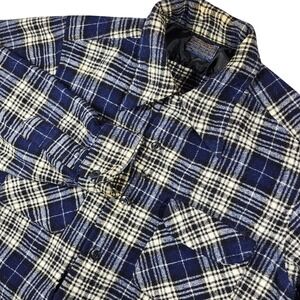 Pendleton Wool Plaid‎ Shirt Large Blue Cream Vintage USA Flaws Holes Stains Read